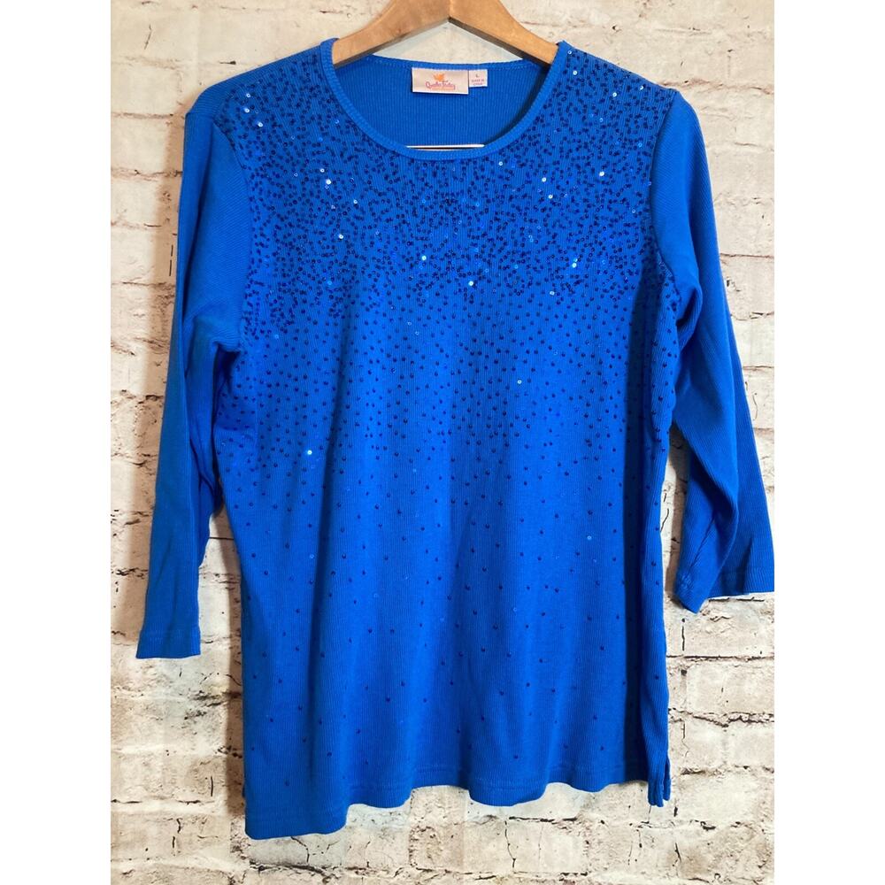 Quacker Factory Top Womens Large Cobalt All Over Sequins Cotton‎ Stretch Ribbed